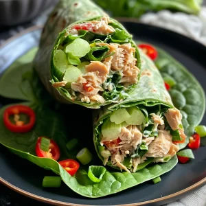 A side view close-up of a tuna wrap filled with colorful ingredients on a wooden cutting board.