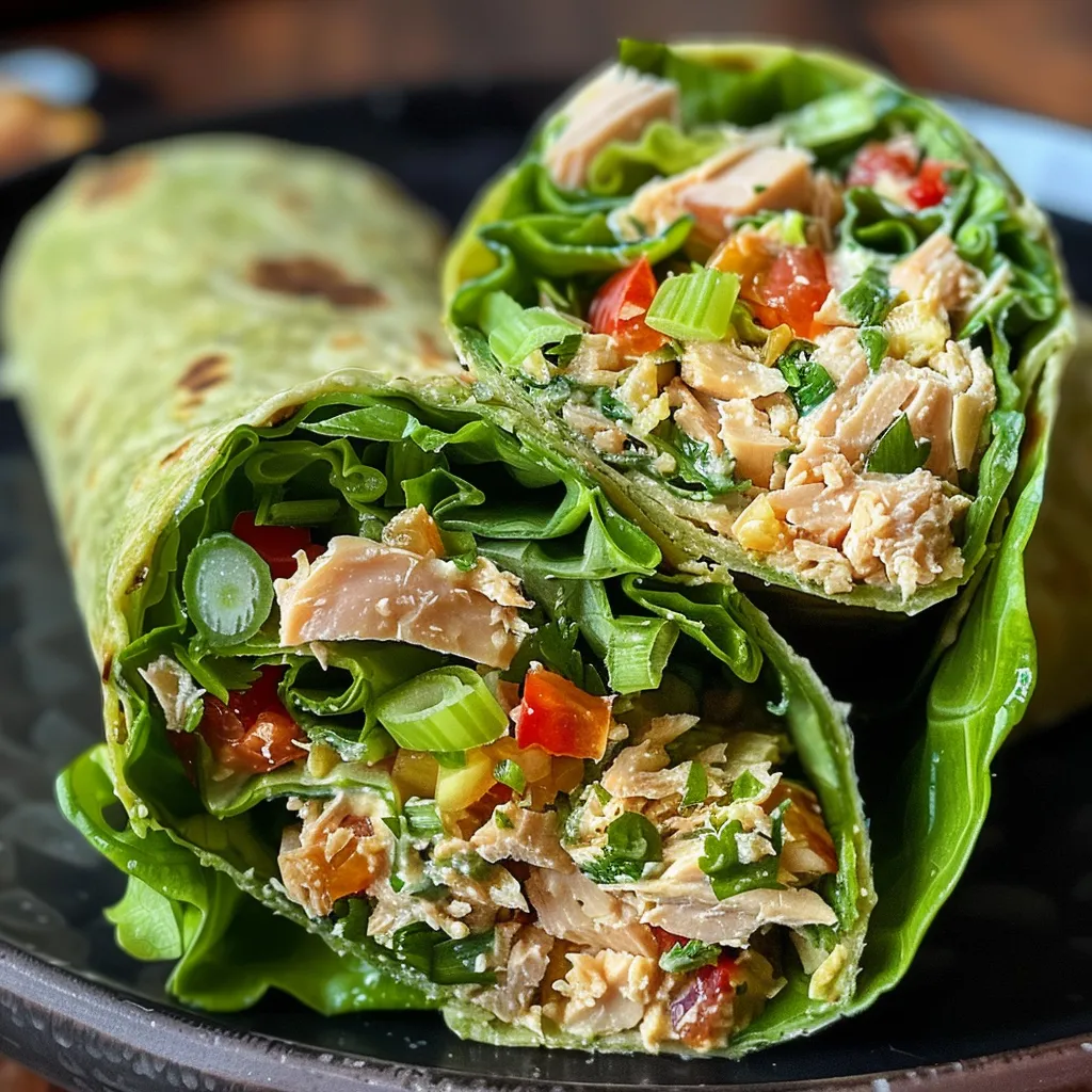 Juicy tuna wrap with vibrant fillings, displayed in a close-up side view on a white plate.