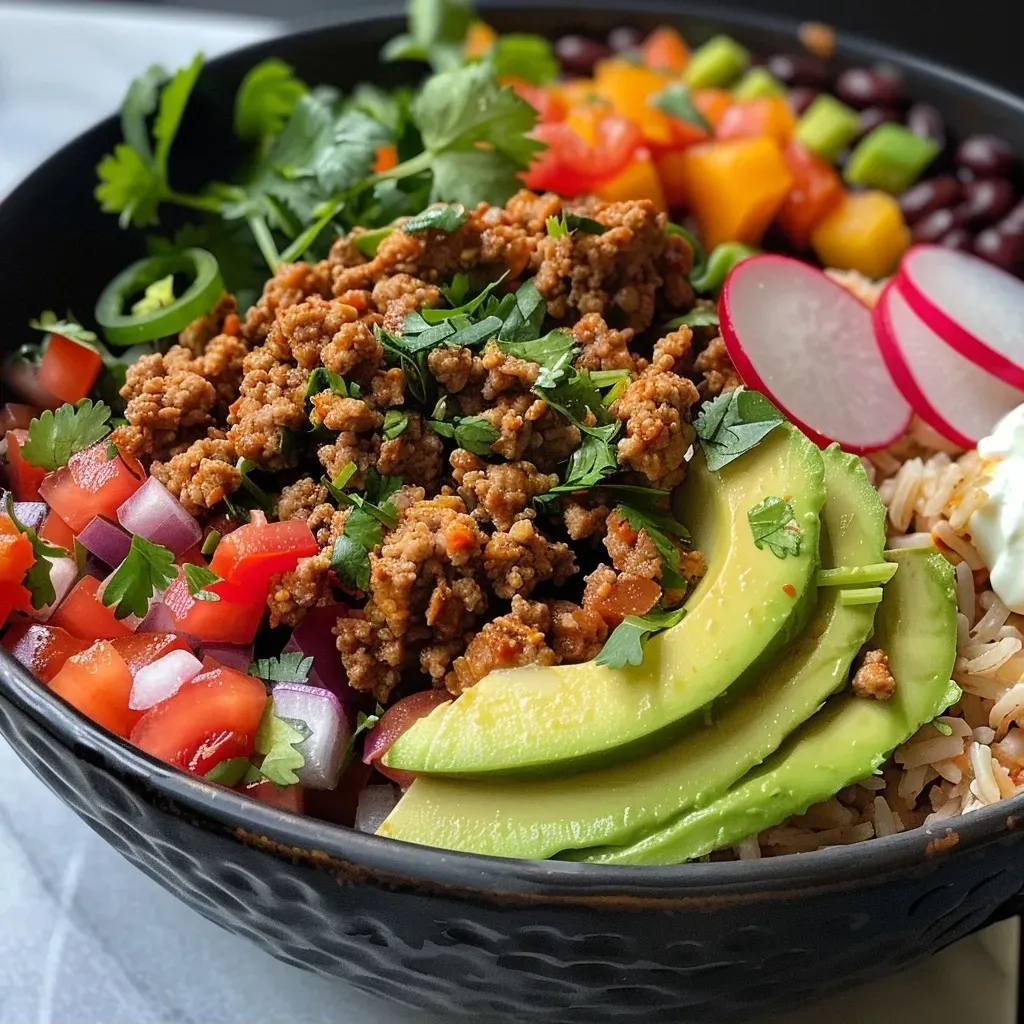 ['Close-up of a colorful Turkey Burrito Bowl with fresh ingredients.', 'Side view of a Turkey Burrito Bowl showcasing layers of toppings and textures.', 'Juicy Turkey Burrito Bowl filled with beans, rice, and fresh vegetables.', 'A vibrant Turkey Burrito Bowl loaded with ground turkey, avocado, and toppings.']