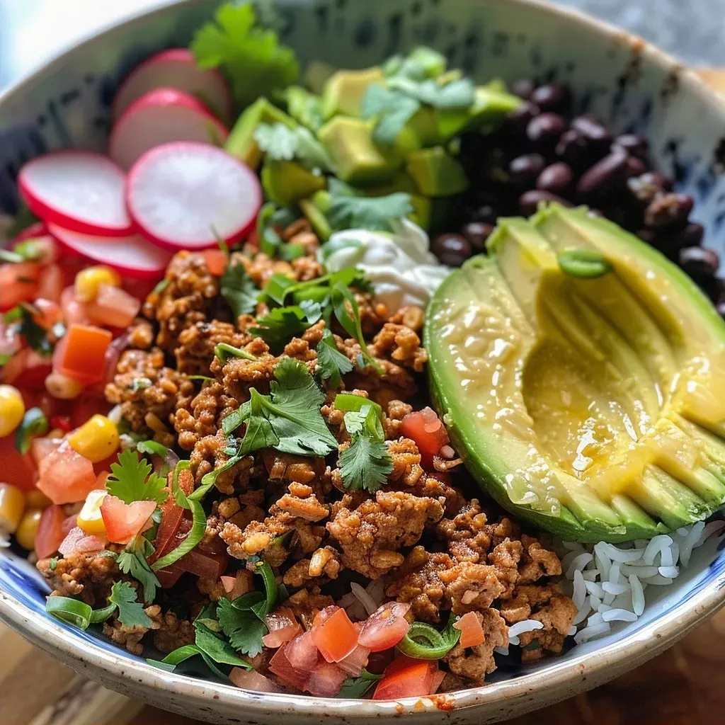 ['Close-up of a colorful Turkey Burrito Bowl with fresh ingredients.', 'Side view of a Turkey Burrito Bowl showcasing layers of toppings and textures.', 'Juicy Turkey Burrito Bowl filled with beans, rice, and fresh vegetables.', 'A vibrant Turkey Burrito Bowl loaded with ground turkey, avocado, and toppings.']