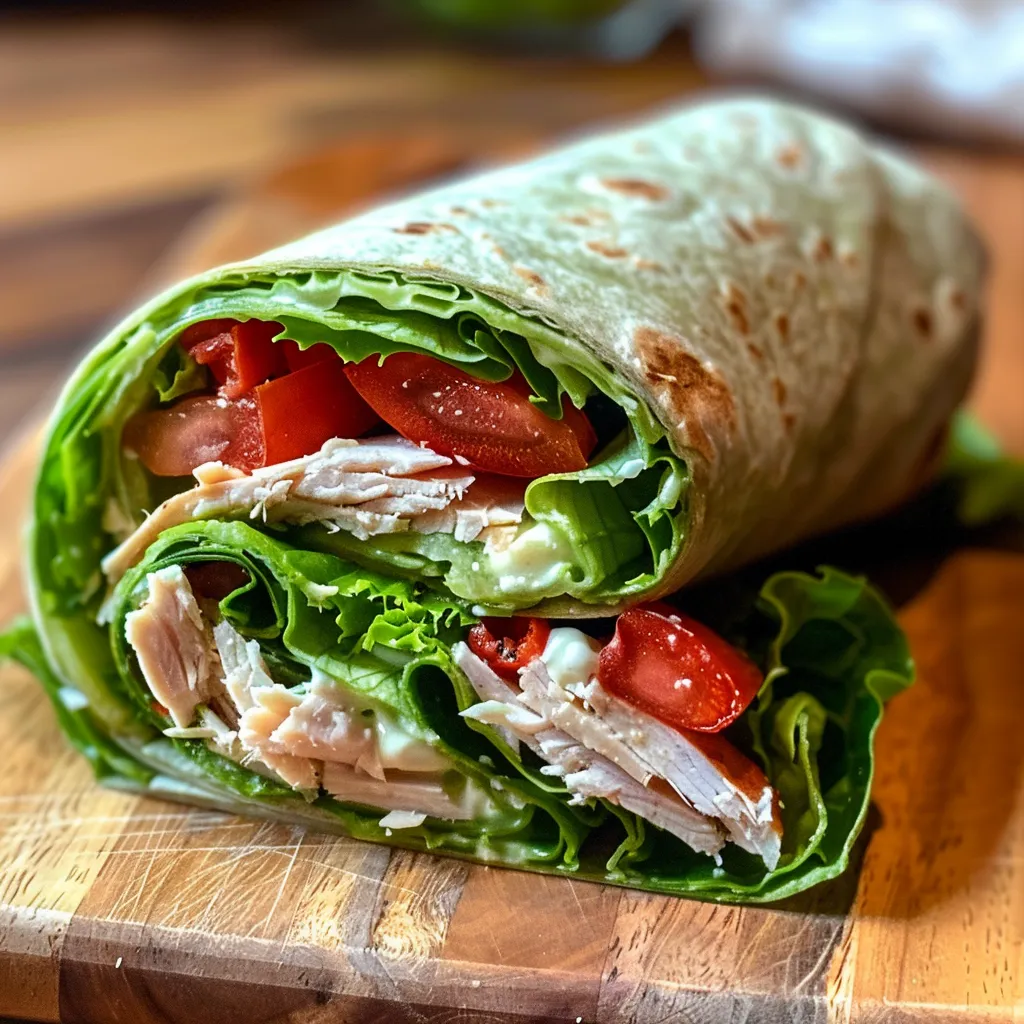 Close-up view of a turkey ranch wrap showcasing layers of turkey, lettuce, and tomatoes in a spinach tortilla.