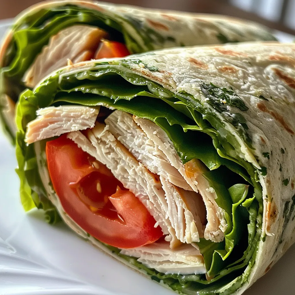 Side angle of a juicy turkey ranch wrap with colorful fillings visible, emphasizing freshness and texture.