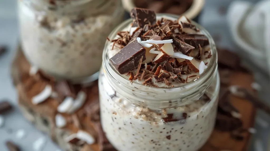 A close-up view of creamy Coconut Overnight Oats topped with dark chocolate and coconut flakes.