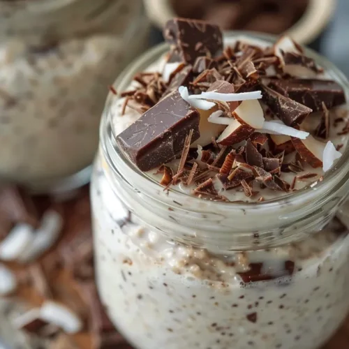 A close-up view of creamy Coconut Overnight Oats topped with dark chocolate and coconut flakes.
