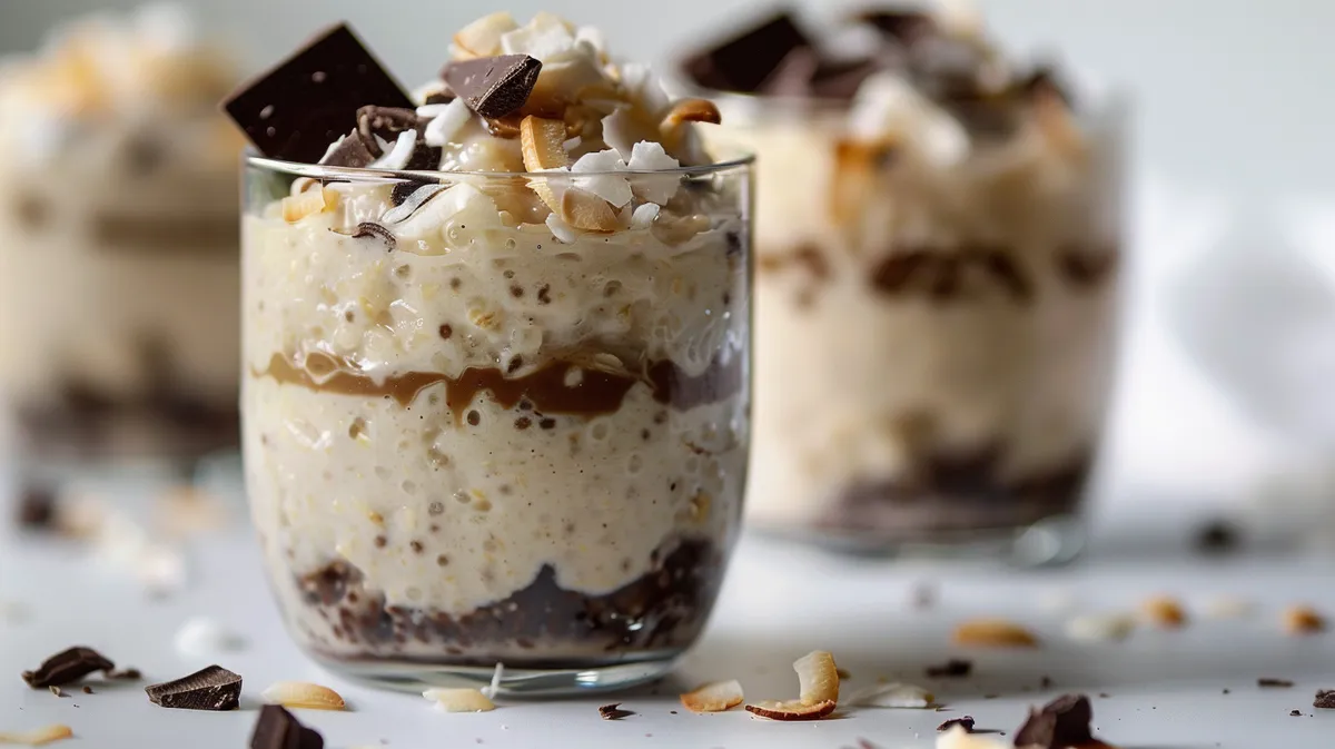 Side view of Coconut Overnight Oats in a jar, featuring oats, Greek yogurt, and desiccated coconut.