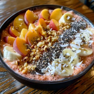 Close-up view of a peach smoothie bowl topped with berries and nuts.