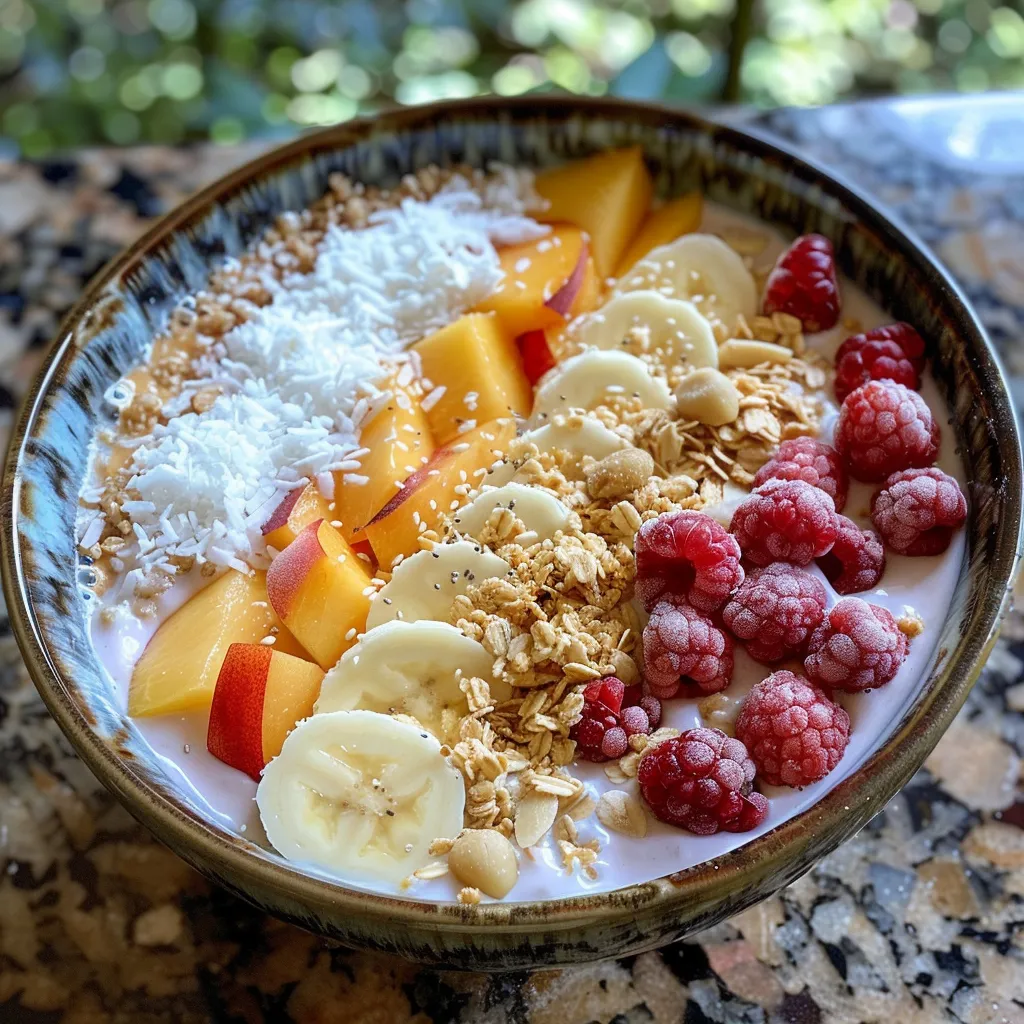 Side angle of a colorful smoothie bowl filled with peach yogurt and fruit.