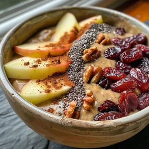 Close-up view of a colorful breakfast bowl with apple slices, chia seeds, and nuts.