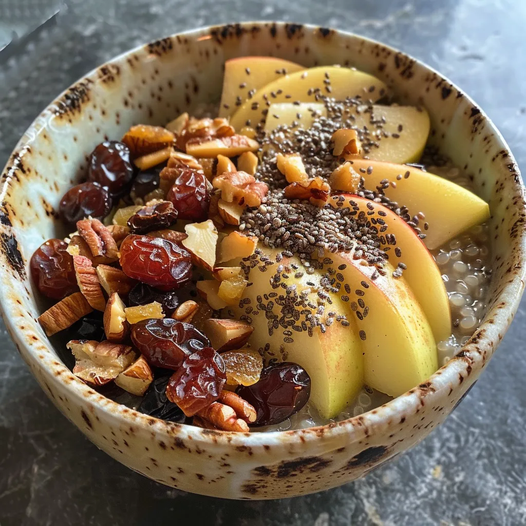 Side view of a raw apple cinnamon breakfast bowl filled with fruits and chia seeds.