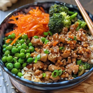 A close-up of a bowl filled with savory teriyaki turkey, colorful veggies, and brown rice.