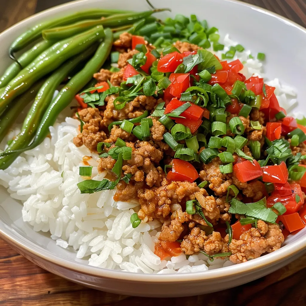 Juicy ground turkey and green beans in a rice bowl drizzled with sweet chili sauce.