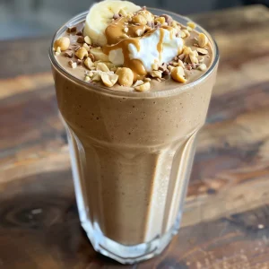Close-up view of a creamy vegan peanut butter banana smoothie in a glass.