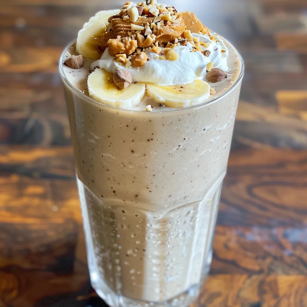 Side perspective of a luscious peanut butter banana smoothie, topped with nuts.
