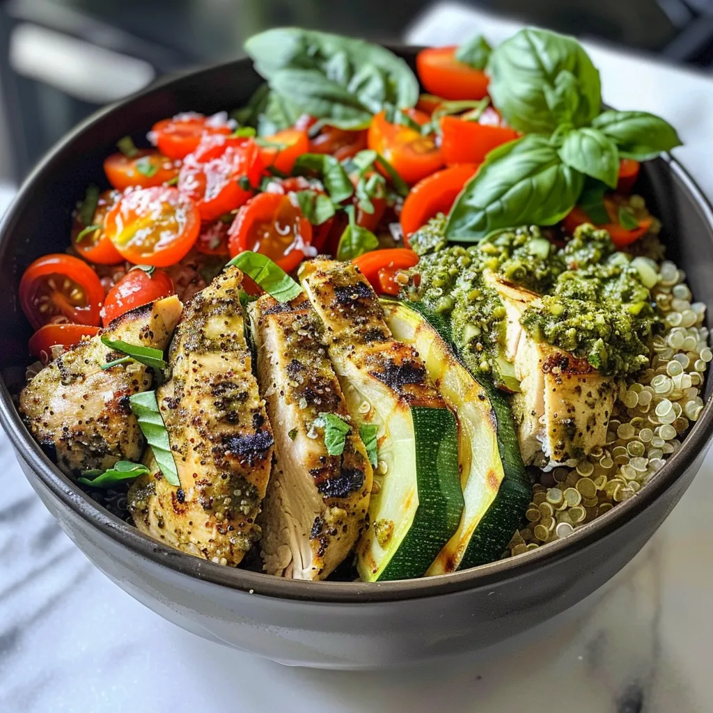 Close-up view of a vibrant Pesto Chicken Quinoa Bowl featuring chicken, zucchini, and cherry tomatoes.