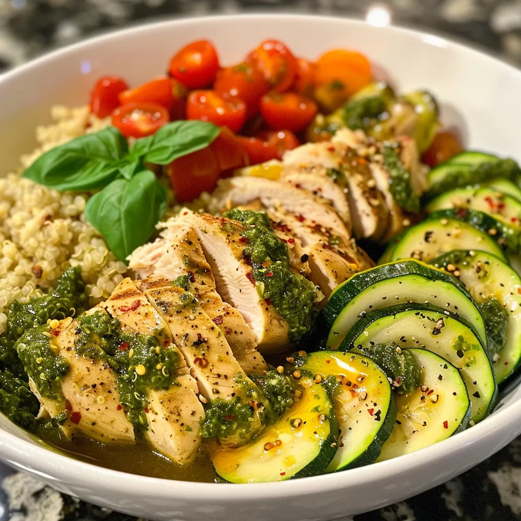 An appetizing Pesto Chicken Quinoa Bowl with bright colors and fresh ingredients, viewed from the side.