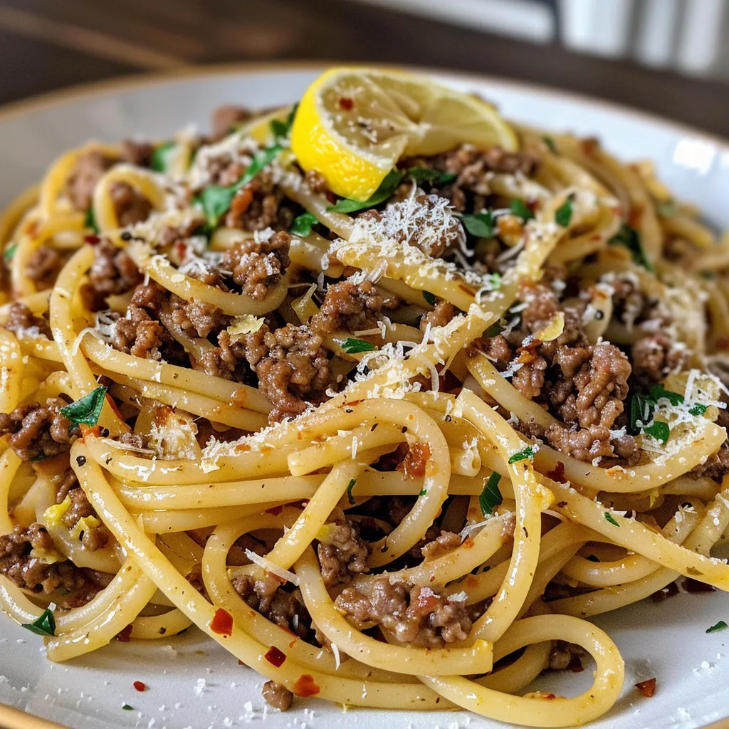 A close-up view of Lemon Garlic Ground Beef Pasta topped with parsley and grated Parmesan on a plate.