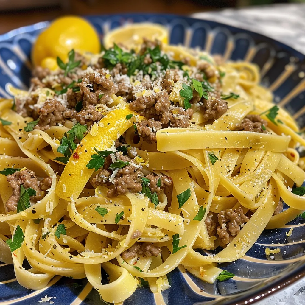 A side view of a delicious serving of Lemon Garlic Ground Beef Pasta showcasing its vibrant colors.
