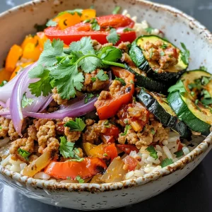Close-up of a savory ground turkey and roasted veggie rice bowl featuring colorful bell peppers and zucchini.