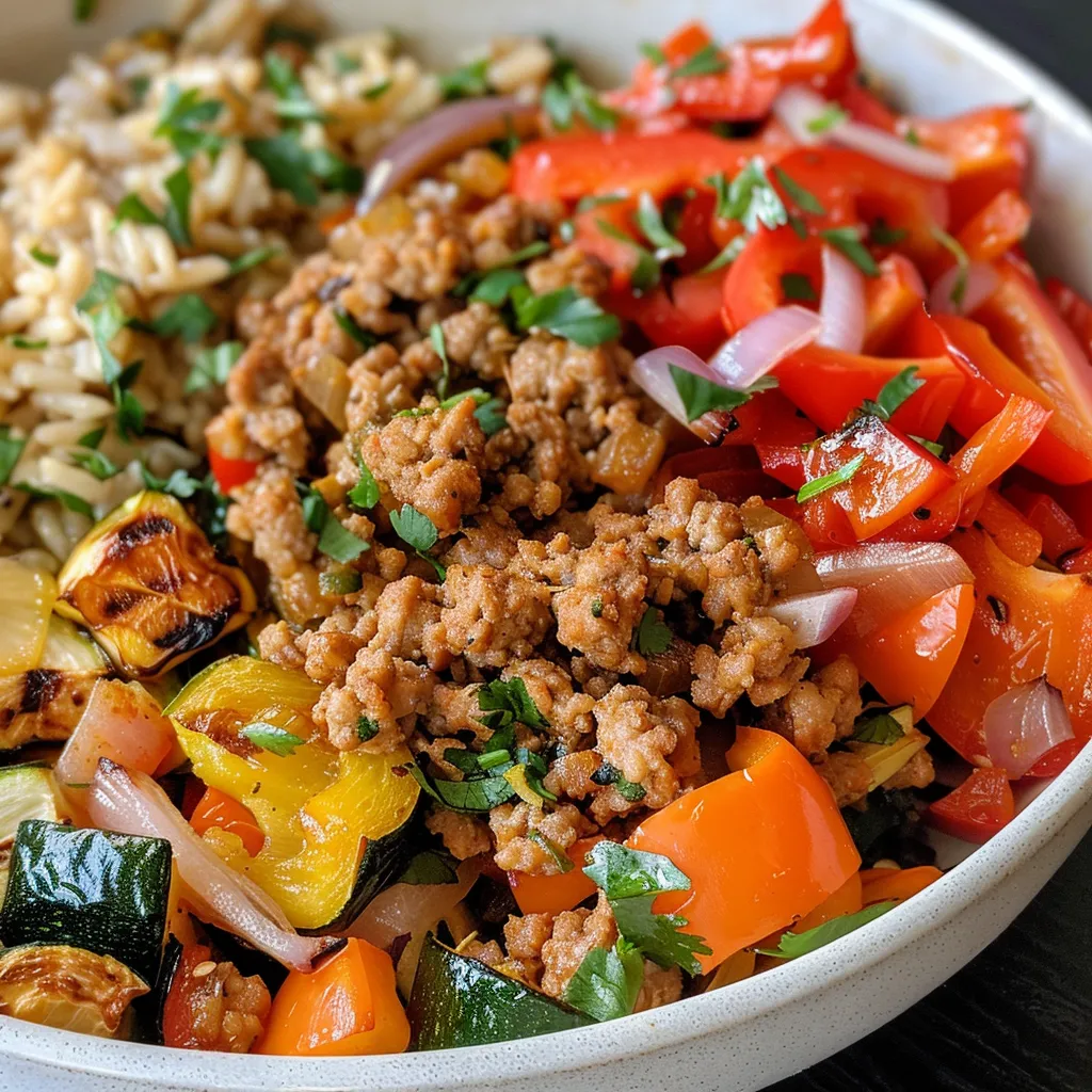 Side view of a rice bowl filled with ground turkey, brown rice, and assorted roasted vegetables.