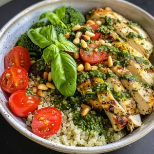 A close-up side view of a vibrant Basil Pesto Chicken Bowl featuring juicy chicken, quinoa, cherry tomatoes, and broccoli.