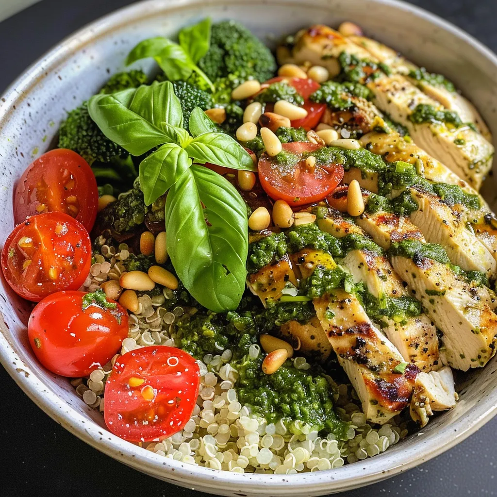 A close-up side view of a vibrant Basil Pesto Chicken Bowl featuring juicy chicken, quinoa, cherry tomatoes, and broccoli.