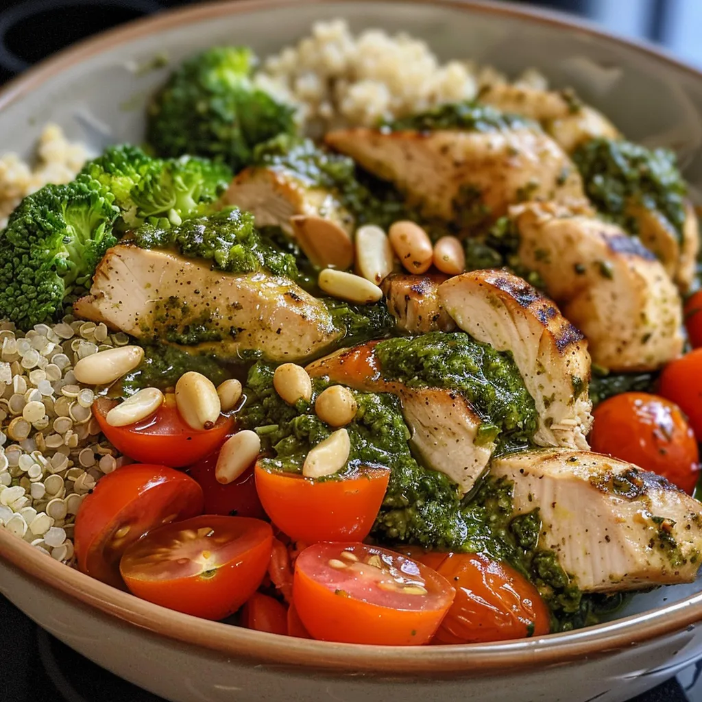 A detailed side shot of an appetizing Basil Pesto Chicken Bowl with fresh ingredients, showcasing chicken, pesto, and colorful veggies.