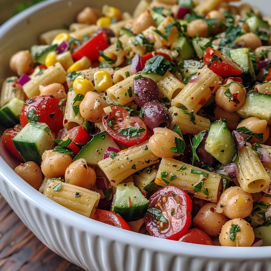 Close-up view of a vibrant Chickpea Pasta Salad with fresh ingredients.