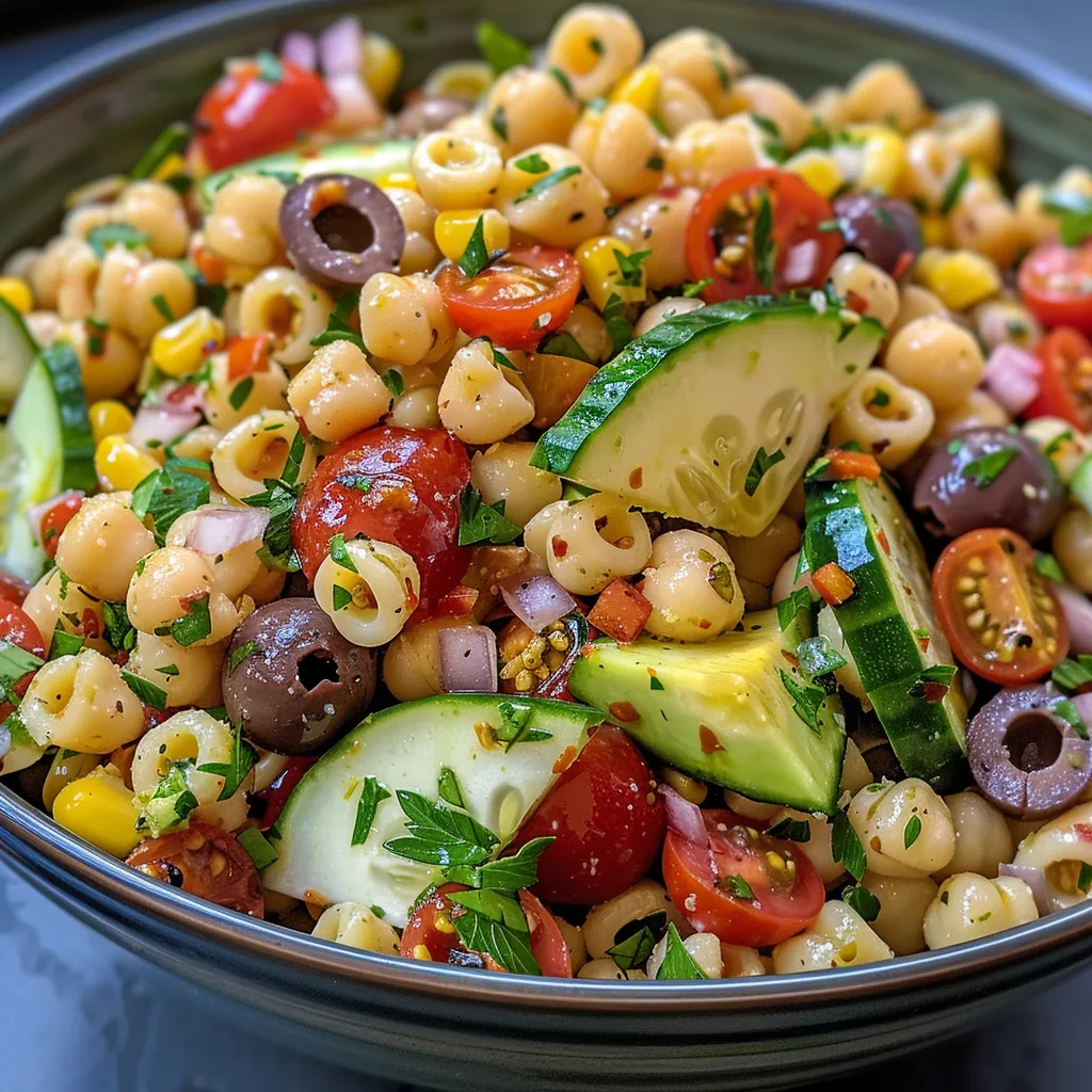 Colorful Chickpea Pasta Salad displayed in a bowl, featuring various vegetables and pasta.