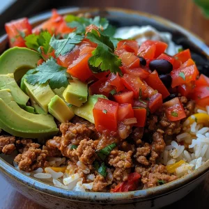 A close-up view of Turkey Burrito Bowls featuring ground turkey, rice, and fresh toppings.