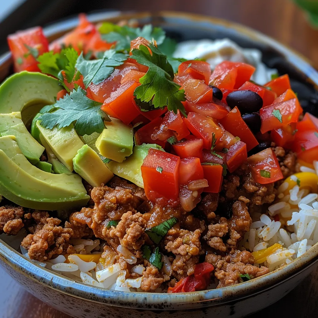 A close-up view of Turkey Burrito Bowls featuring ground turkey, rice, and fresh toppings.