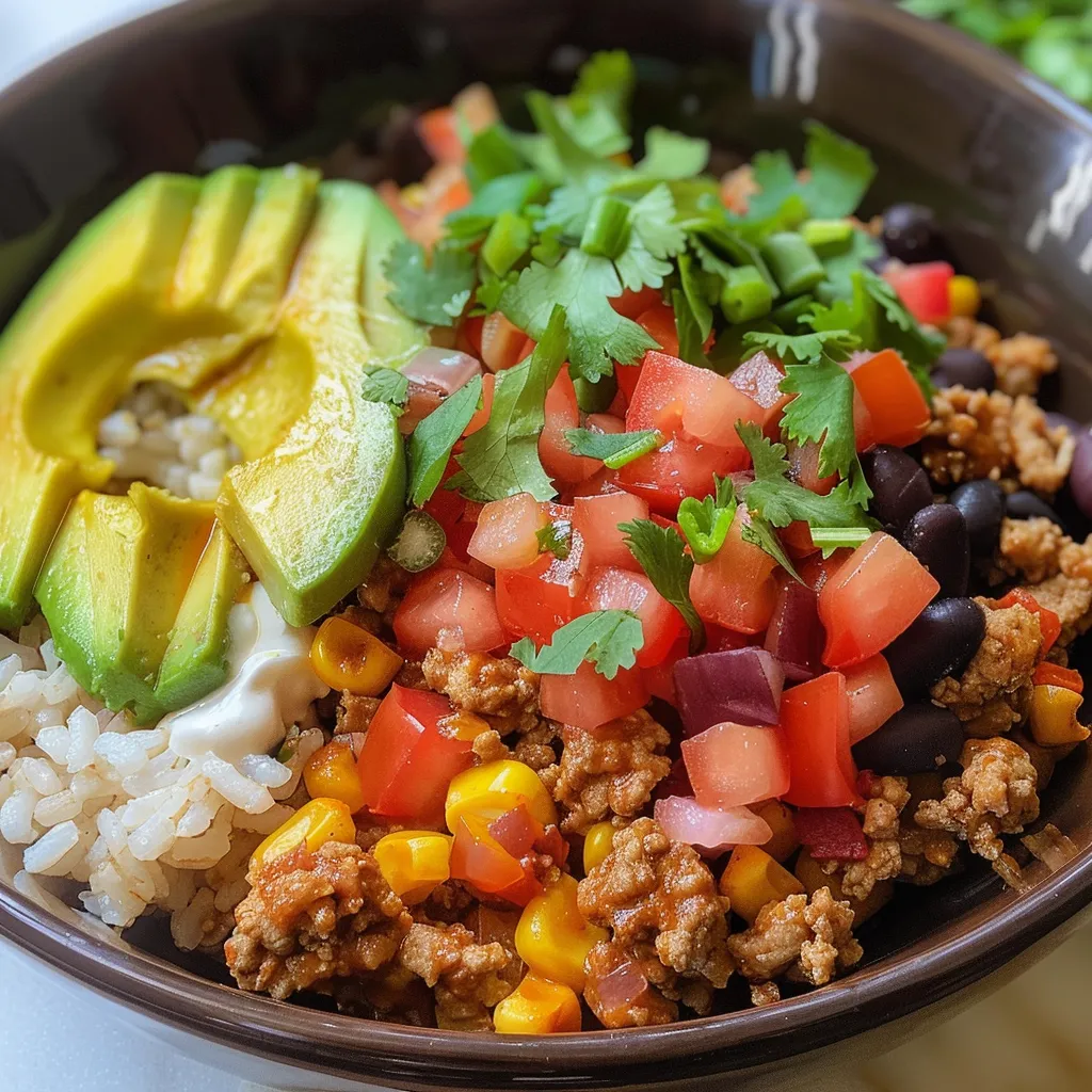 A colorful Turkey Burrito Bowl showcasing layers of turkey, avocado, and pico de gallo.