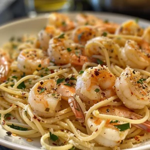 Close-up view of spicy garlic shrimp pasta, featuring juicy shrimp and vibrant parsley.