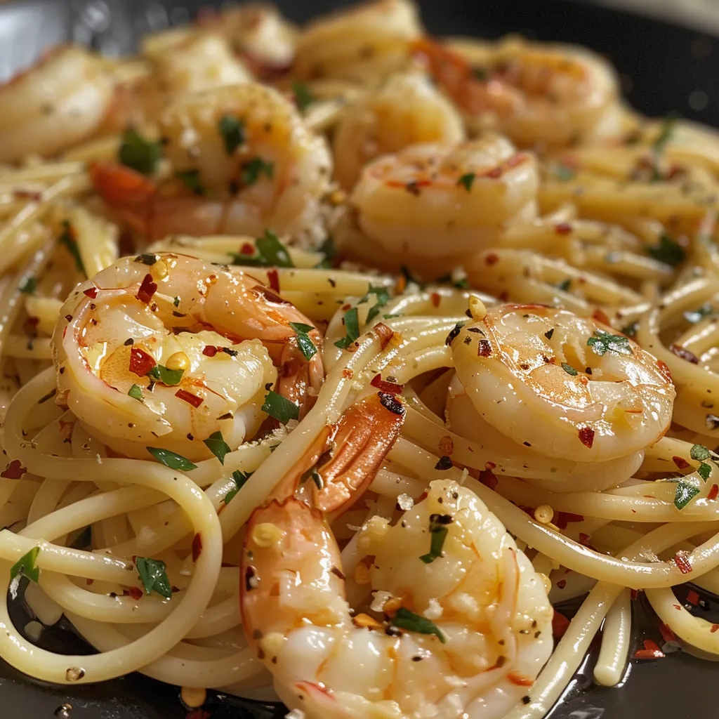 A delicious plate of spaghetti with garlic shrimp, showcasing red chili flakes and Parmesan cheese.