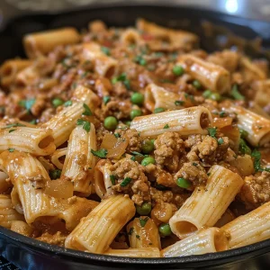 Close-up of a delicious plate of ground turkey pasta with herbs on top.