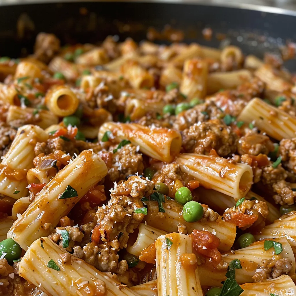 Side view of creamy ground turkey pasta garnished with fresh parsley.