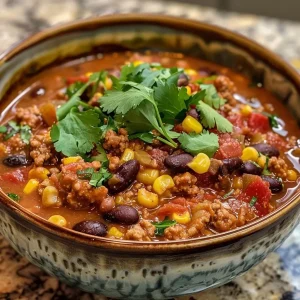A close-up view of a bowl filled with turkey, corn, and black bean chili, garnished with cilantro and green onions.