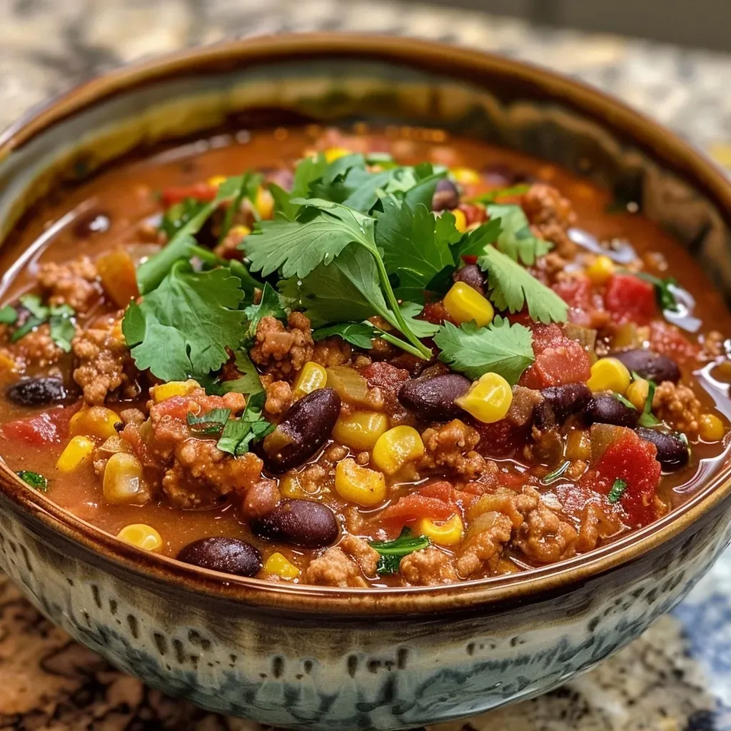 A close-up view of a bowl filled with turkey, corn, and black bean chili, garnished with cilantro and green onions.