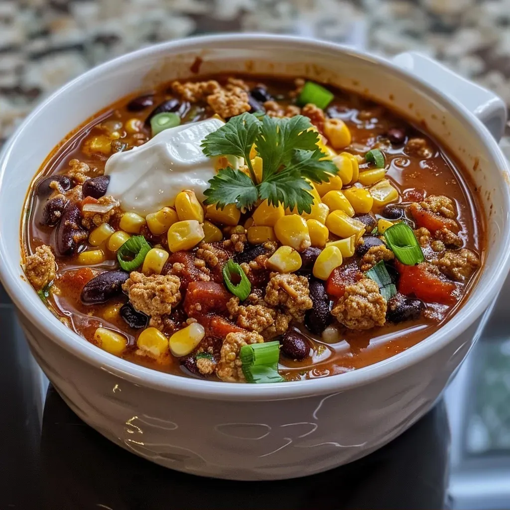 A hearty serving of Weight Watcher's turkey chili, showcasing the vibrant ingredients in a rustic bowl.