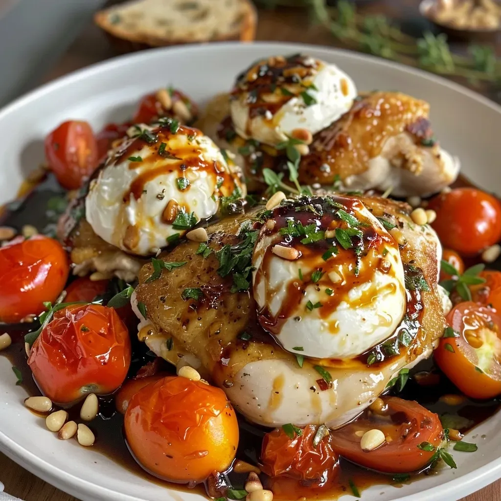 ['Close-up of a plate featuring juicy chicken breast with braised tomatoes and creamy burrata.', 'Side view of 30-minute chicken dish topped with fresh tomatoes and burrata cheese.', 'A vibrant dish of chicken, cherry tomatoes, and burrata served on a rustic plate.', 'Delicious chicken fillet with colorful braised tomatoes and slices of burrata cheese.']