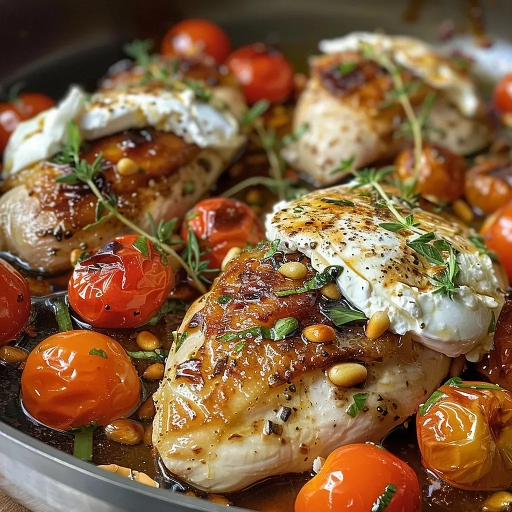 ['Close-up of a plate featuring juicy chicken breast with braised tomatoes and creamy burrata.', 'Side view of 30-minute chicken dish topped with fresh tomatoes and burrata cheese.', 'A vibrant dish of chicken, cherry tomatoes, and burrata served on a rustic plate.', 'Delicious chicken fillet with colorful braised tomatoes and slices of burrata cheese.']