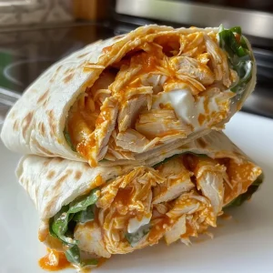 ['Close-up side view of a juicy Air Fryer Buffalo Chicken Wrap filled with shredded chicken, cheese, and buffalo sauce.', 'A delicious Air Fryer Buffalo Chicken Wrap showcasing vibrant colors and ingredients, photographed from the side.', 'An appetizing view of a Buffalo Chicken Wrap, highlighting the creamy filling and crispy wrap exterior.', 'Side shot of a Buffalo Chicken Wrap, revealing layers of chicken and cheese with a hint of buffalo sauce.']