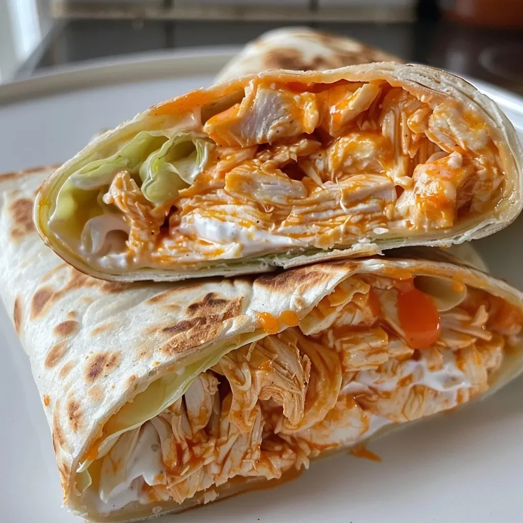['Close-up side view of a juicy Air Fryer Buffalo Chicken Wrap filled with shredded chicken, cheese, and buffalo sauce.', 'A delicious Air Fryer Buffalo Chicken Wrap showcasing vibrant colors and ingredients, photographed from the side.', 'An appetizing view of a Buffalo Chicken Wrap, highlighting the creamy filling and crispy wrap exterior.', 'Side shot of a Buffalo Chicken Wrap, revealing layers of chicken and cheese with a hint of buffalo sauce.']