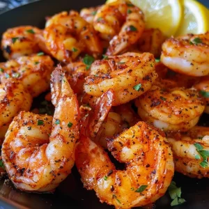 ['Close-up of juicy Cajun shrimp in an air fryer basket.', 'Side view of perfectly cooked Cajun shrimp garnished with parsley.', 'Air-fried Cajun shrimp glistening with spices and butter.', 'Appetizing golden shrimp arranged on a plate with lemon slices.']