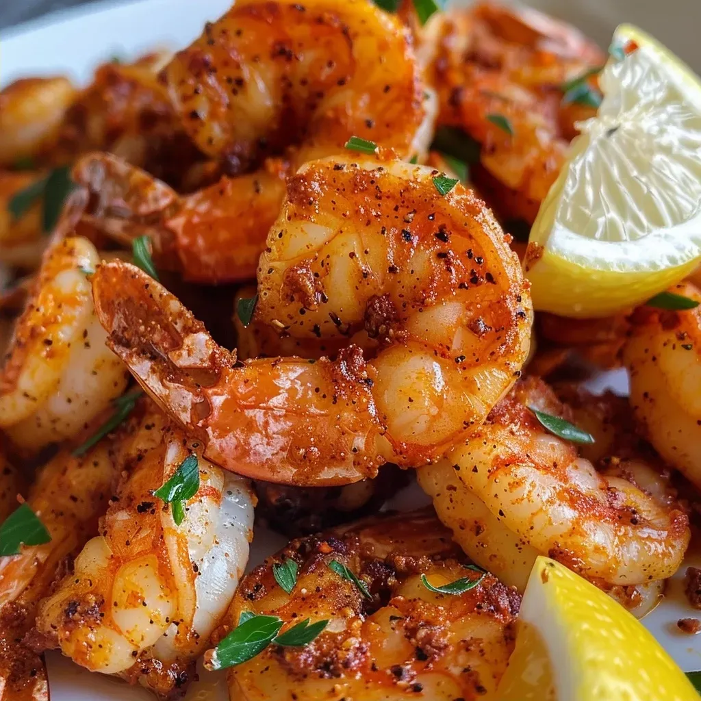['Close-up of juicy Cajun shrimp in an air fryer basket.', 'Side view of perfectly cooked Cajun shrimp garnished with parsley.', 'Air-fried Cajun shrimp glistening with spices and butter.', 'Appetizing golden shrimp arranged on a plate with lemon slices.']