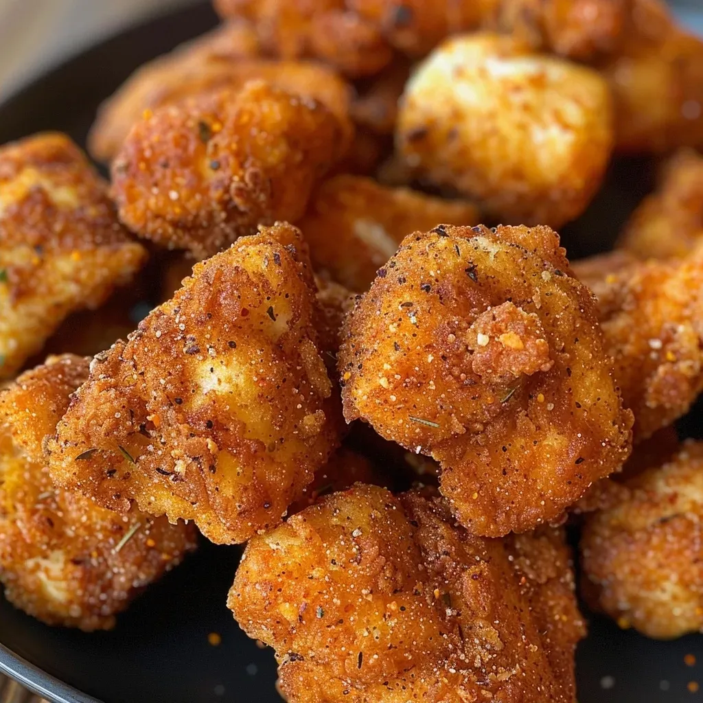 ['Close-up view of golden-brown Cajun style chicken bites in a bowl.', 'Juicy air-fried chicken chunks seasoned with Cajun spice from a side perspective.', 'A side view of crispy Cajun chicken bites, showing texture and color contrast.', 'A detailed close-up of juicy air fryer Cajun chicken pieces, garnished lightly.']
