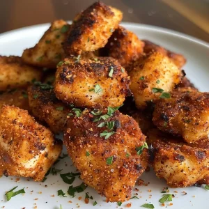 ['Close-up view of juicy air fryer chicken bites on a plate, highlighting their golden exterior.', 'Side view of tender, unbreaded chicken bites, garnished and ready to serve.', 'Plate filled with delicious, crispy air fryer chicken pieces, emphasizing their juicy texture.', 'Close-up shot of flavorful air fryer chicken bites, showcasing their appetizing appearance.']