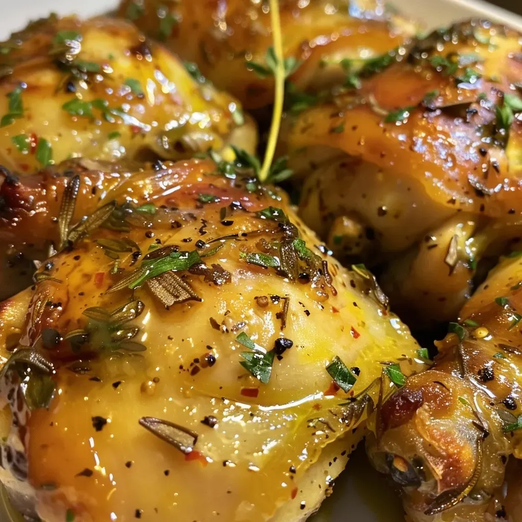 ['Close-up view of two cooked chicken breasts drizzled with honey Dijon sauce.', 'Juicy Air Fryer Honey Dijon Chicken Breasts shown from the side, highlighting their glaze.', 'Side view of golden brown honey Dijon chicken breasts garnished with herbs.', 'Appetizing shot of tender chicken breasts coated in honey Dijon sauce.']