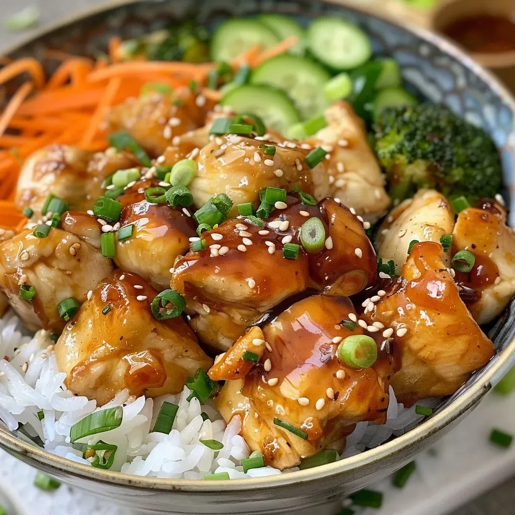 ['Close-up of a juicy Air Fryer Honey Garlic Chicken meal prep bowl with rice and vegetables.', 'Side view of Air Fryer Honey Garlic Chicken served with broccoli, carrots, and rice in a meal prep bowl.', 'Detailed view of a meal prep bowl featuring honey garlic chicken, rice, and colorful vegetables.', 'Image showing Air Fryer Honey Garlic Chicken alongside rice and fresh vegetables in an organized bowl.']