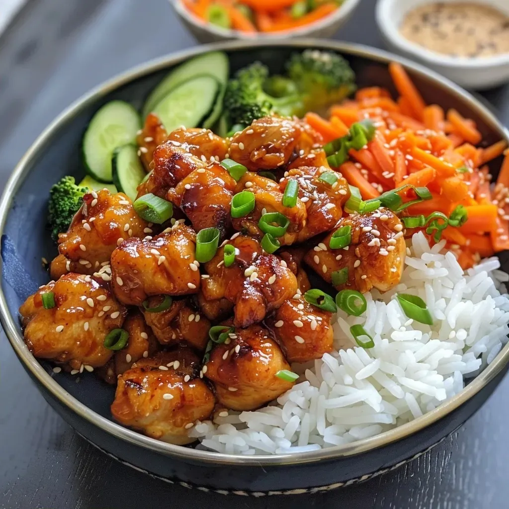 ['Close-up of a juicy Air Fryer Honey Garlic Chicken meal prep bowl with rice and vegetables.', 'Side view of Air Fryer Honey Garlic Chicken served with broccoli, carrots, and rice in a meal prep bowl.', 'Detailed view of a meal prep bowl featuring honey garlic chicken, rice, and colorful vegetables.', 'Image showing Air Fryer Honey Garlic Chicken alongside rice and fresh vegetables in an organized bowl.']
