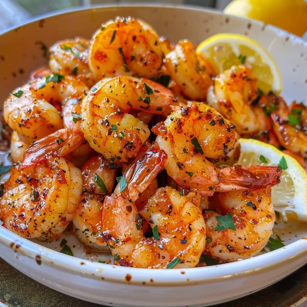['Juicy air fryer lemon garlic shrimp garnished with parsley on a plate.', 'Close-up of lemon garlic shrimp in a bowl, glistening with avocado oil.', 'Side view of cooked shrimp with lemon slices and garlic, ready to serve.', 'Delicious air-fried shrimp topped with minced garlic and lemon zest.']